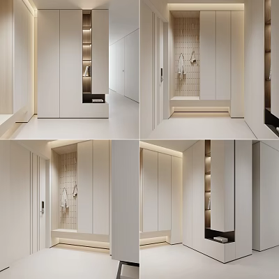 Modern White Shoe Cabinet Design With Mirror Door Storage Hanging Hooks And Hallway Interior 3d model