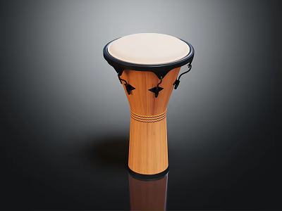 Natural Wooden Djembe Drum Musical Instrument With White Drumhead And Black Embellishments 3d model