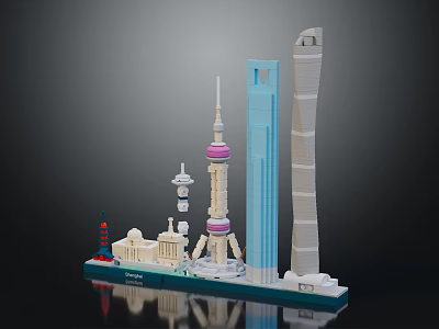 Cartoon Scene With Shanghai Landmark Models Oriental Pearl Tower And Skyscrapers 3d model