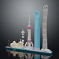 Cartoon Scene With Shanghai Landmark Models Oriental Pearl Tower And Skyscrapers