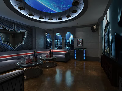 Modern KTV Private Room With Circular Ceiling Lights Sofa Coffee Tables And Large Screen TV 3d model