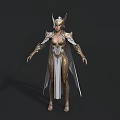 Woman In Ornate Gold And White Armor With Detailed Helmet And Long Robe