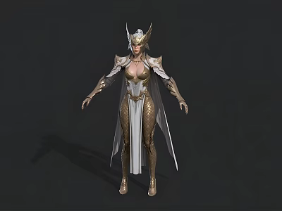 Woman In Ornate Gold And White Armor With Detailed Helmet And Long Robe 3d model