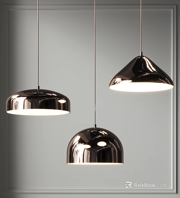 Three Modern Black Glossy Pendant Lights Hanging With Shiny Dome Shades 3d model 