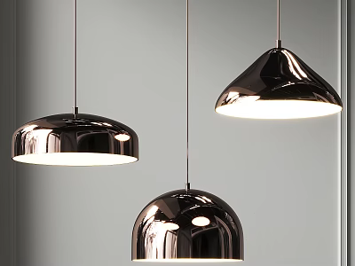 Three Modern Black Glossy Pendant Lights Hanging With Shiny Dome Shades 3d model