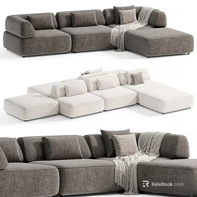 Modern Sectional Sofa in Gray and Beige with Comfortable Cushions and Throw Blanket 3d model 