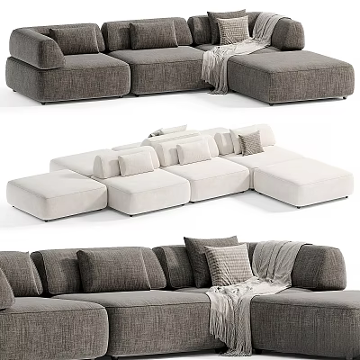 Modern Sectional Sofa in Gray and Beige with Comfortable Cushions and Throw Blanket 3d model
