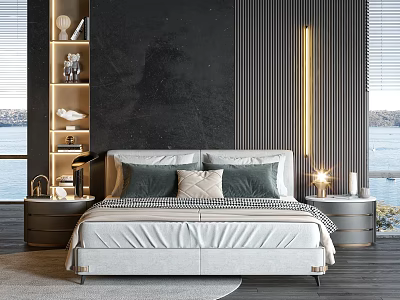 Modern Background Double Bed With Gray Wall Bedside Shelf Table Lamps And Water View 3d model