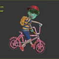 Boy With Red Cap Blue Yellow Striped Shirt Blue Shorts Orange Backpack Riding Red Bicycle