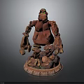 Red Cartoonish Creature Character Sculpture With Large Arms Standing On Decorative Base