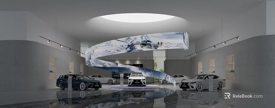 Modern Car Showroom Interior Featuring Spiral Snow Mountain Installation And Central Display Cars 3d model 