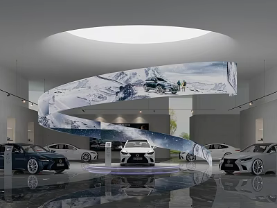Modern Car Showroom Interior Featuring Spiral Snow Mountain Installation And Central Display Cars 3d model