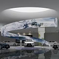 Modern Car Showroom Interior Featuring Spiral Snow Mountain Installation And Central Display Cars