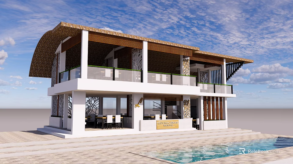 Two Story Restaurant With Thatched Roof White Exterior Balcony And Swimming Pool 3d model 