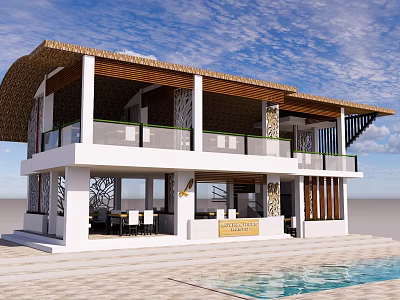 Two Story Restaurant With Thatched Roof White Exterior Balcony And Swimming Pool 3d model