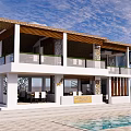 Two Story Restaurant With Thatched Roof White Exterior Balcony And Swimming Pool