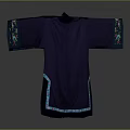 Elegant woman wearing traditional purple dress with blue trim and floral embroidery details