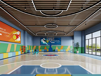 Indoor Basketball Court Gym With Colorful Walls And Modern Lighting 3d model