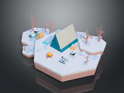 Winter Camping Scene With Blue Tent Campfire Bare Trees And Snowy Ground 3d model