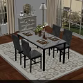 Dining Room Interior Design With Wooden Table Gray Chairs Patterned Rug And Curtains