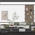 Modern Living Room Interior With Large Sofa Coffee Table Green Plants Wall Art And Bookshelf