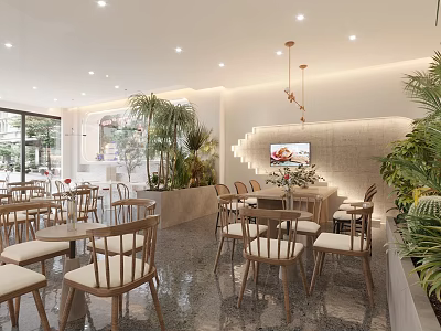 Bright Modern Dessert Shop Interior With Wooden Tables Green Plants And Pendant Lights 3d model