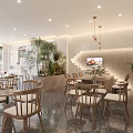 Bright Modern Dessert Shop Interior With Wooden Tables Green Plants And Pendant Lights