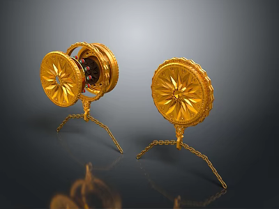 Pair of Golden Circular Clothing Accessories With Ornate Patterns And Decorative Stands 3d model