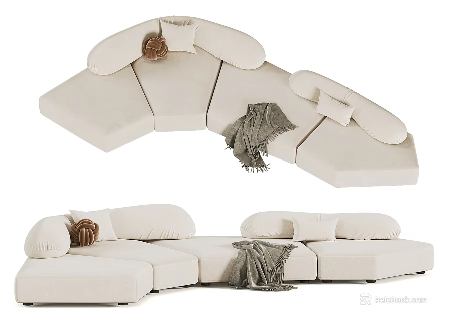 Cozy Cream Casual Modular Sofa Set with Soft Cushions and Throw Blanket 3d model