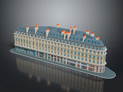 Classical European Style Multi story Building With Blue Roof Orange Chimneys And Curved Design 3d model