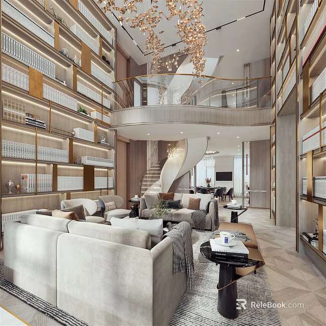 Spacious Modern Duplex Living Room Interior With Sofas Bookshelves Staircase And Chandelier 3d model 