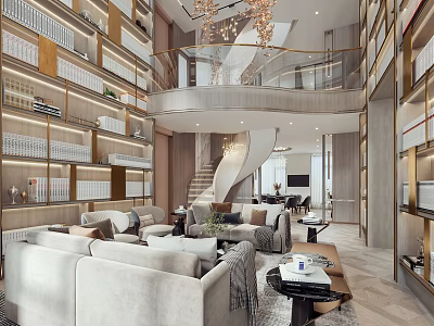 Spacious Modern Duplex Living Room Interior With Sofas Bookshelves Staircase And Chandelier 3d model