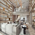 Spacious Modern Duplex Living Room Interior With Sofas Bookshelves Staircase And Chandelier