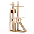 Natural Wooden Multi Level Cat Tree With Platforms Holes And Ladder