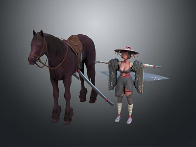 Warrior with Bamboo Hat Holding Long Sword and Brown Horse with Saddle 3d model