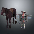 Warrior with Bamboo Hat Holding Long Sword and Brown Horse with Saddle