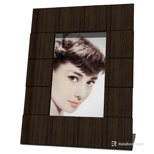 Vintage Wooden Photo Frame Holding Black And White Short Haired Portrait Against Dark Wooden Background 3d model 