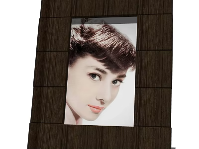 Vintage Wooden Photo Frame Holding Black And White Short Haired Portrait Against Dark Wooden Background 3d model
