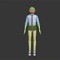 Game Movie Character With Green Hair White Shirt Purple Striped Tie Gray Pants White Sneakers