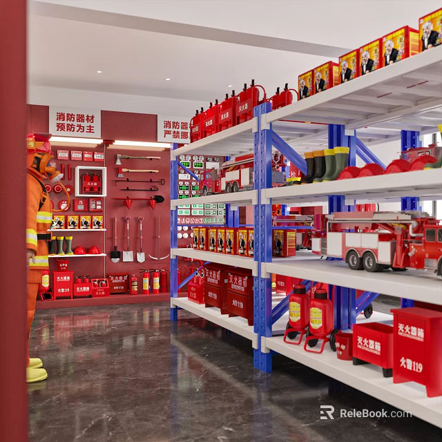 Fire Equipment Specialty Store with Fire Extinguishers Suits Boots and Truck Models on Shelves 3d model 