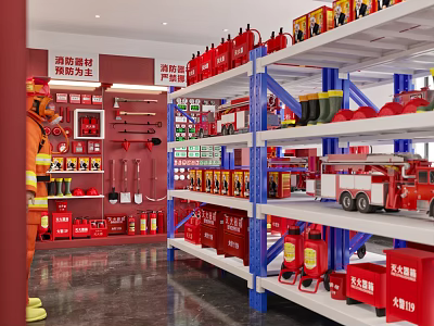Fire Equipment Specialty Store with Fire Extinguishers Suits Boots and Truck Models on Shelves 3d model