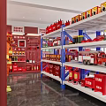 Fire Equipment Specialty Store with Fire Extinguishers Suits Boots and Truck Models on Shelves