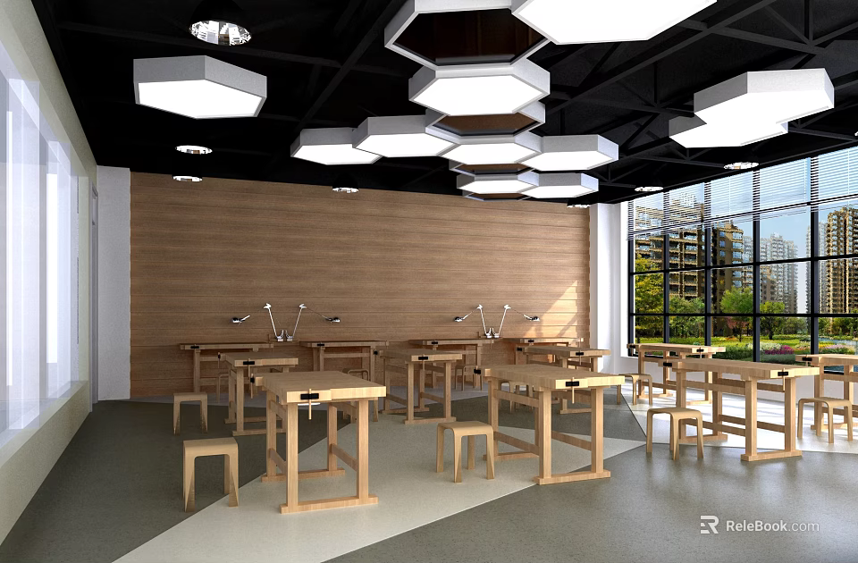 School Classroom Interior Featuring Wooden Desks Modern Ceiling Lights And Large Windows 3d model 