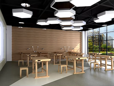 School Classroom Interior Featuring Wooden Desks Modern Ceiling Lights And Large Windows 3d model