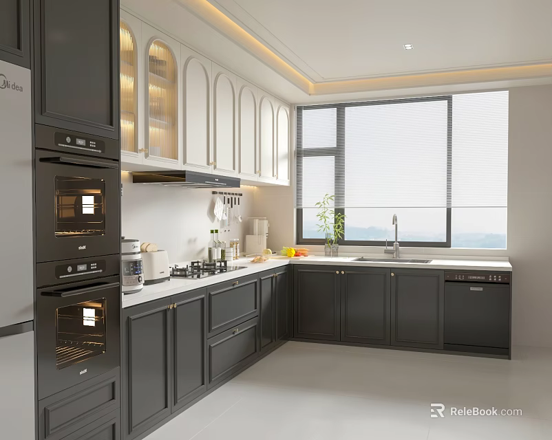 Modern Kitchen Interior Design With Gray Cabinets Oven Countertop Window And Natural Light 3d model 