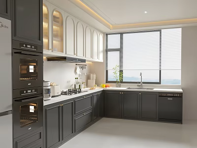 Modern Kitchen Interior Design With Gray Cabinets Oven Countertop Window And Natural Light 3d model