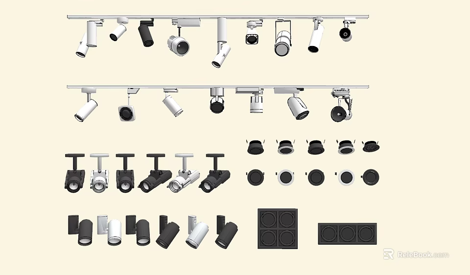 Modern Downlights and Spotlights with Various Styles Black and White Recessed Track Designs 3d model 