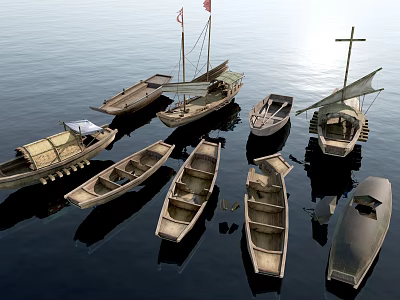 Various Wooden Boats Floating on Calm Water With Traditional Designs and Reflections 3d model