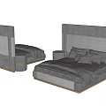 Modern Double Bed with Gray Striped Headboard Gold Trim Side Nightstands Cozy Design