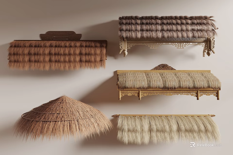 Diverse Thatch Roof Architectural Components With Traditional Wooden Frame Designs 3d model 